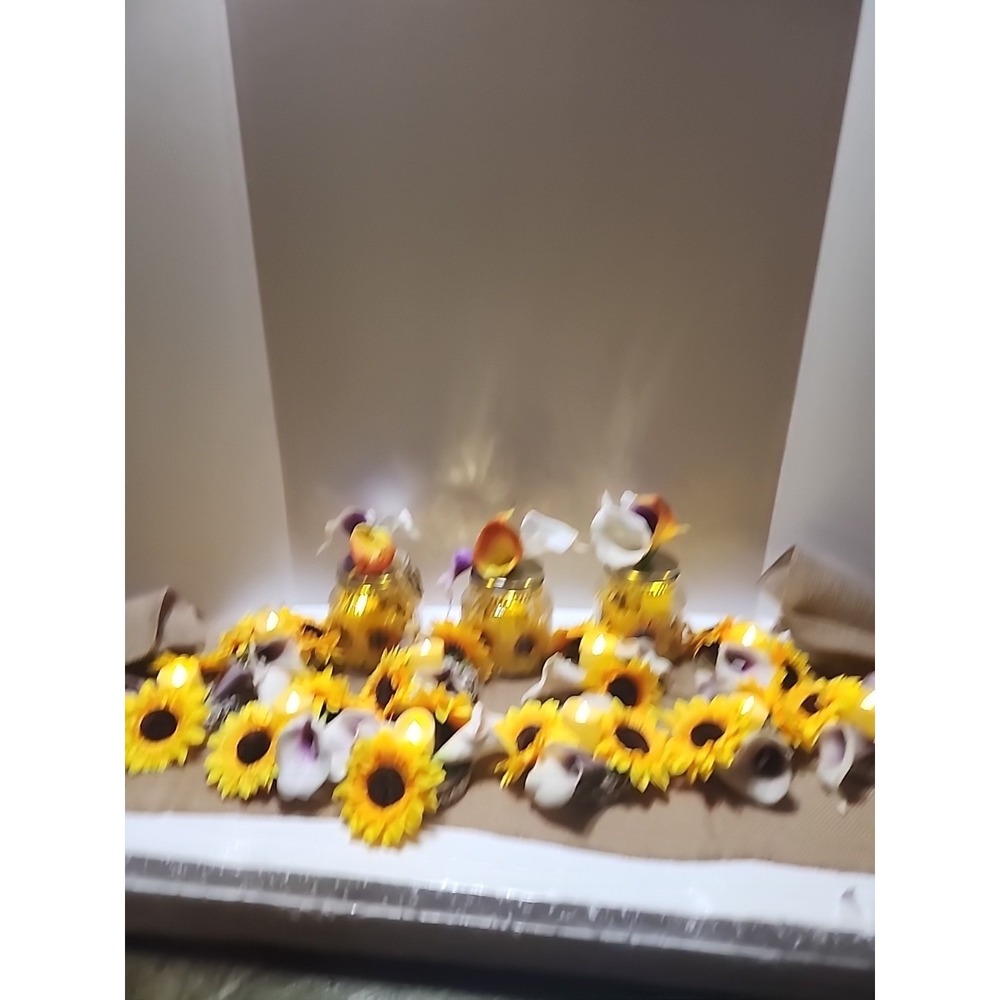 Sunflower Display W/ Lights 70 Inch Burlap 3 Canning Jar 10 Floral Candle Holder
